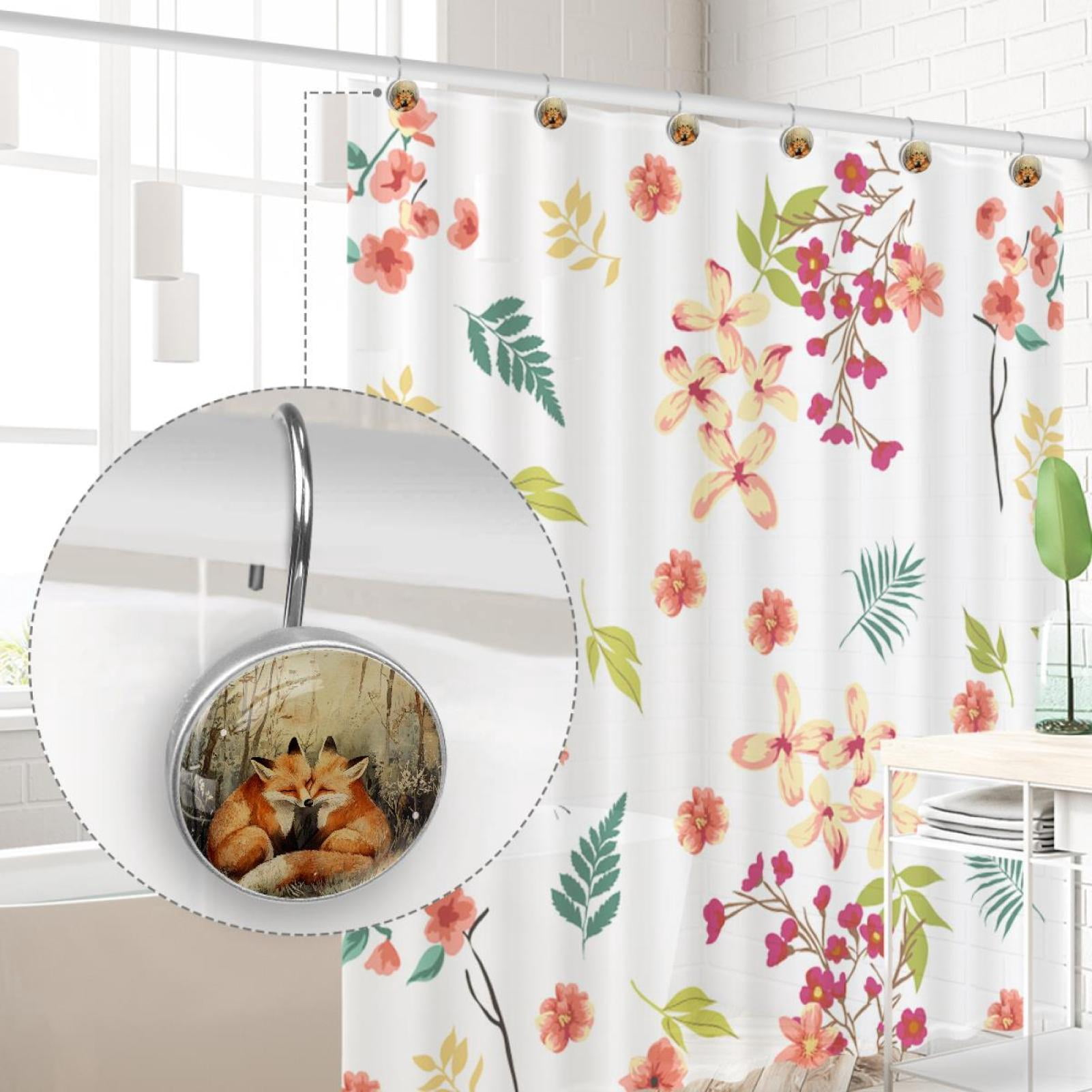 Autumn Forest Foxes Shower Curtain Hooks Round Crystal Glass, Set of 12 Shower Curtain Rings - Shower Hooks for Curtain Shower Rings