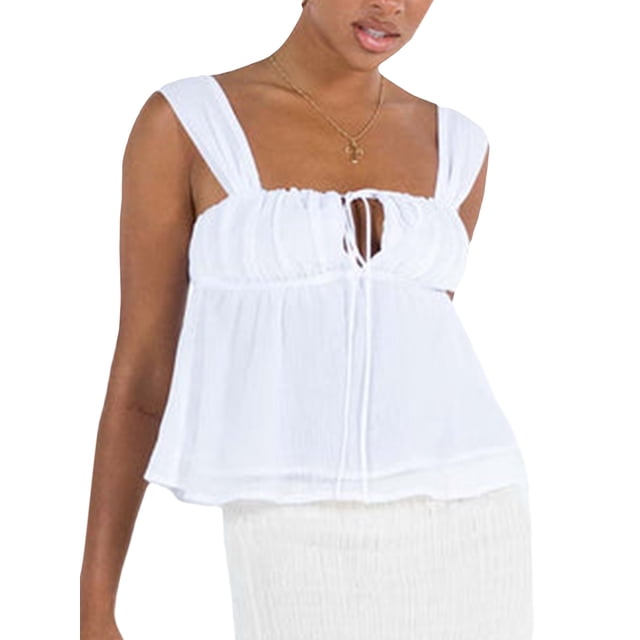 Fortune Womens Loose Tank Tops Sleeveless Ruched Bust Tie-up Front Solid Color Tops