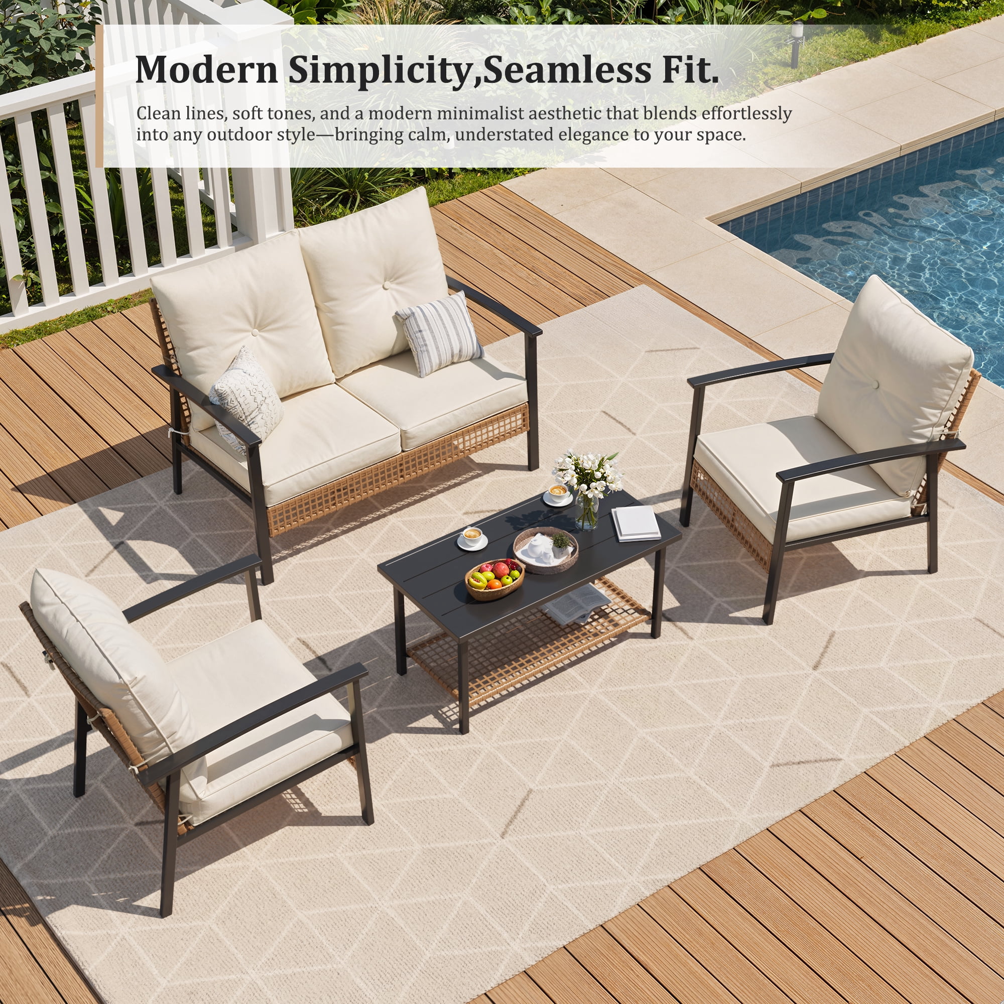 Deersky 4 Pieces Outdoor Patio Furniture Set with 2 All-Weather Wicker Chairs, Loveseat and Coffee Table, Easy Assembly for Balcony, Porch, Backyard