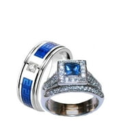 His & Hers Halo Sapphire Blue & Clear Cz Wedding Ring Set Stainless Steel