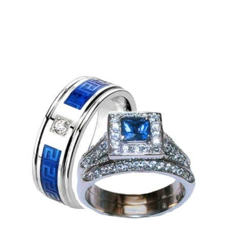 His & Hers Halo Sapphire Blue & Clear Cz Wedding Ring Set Stainless