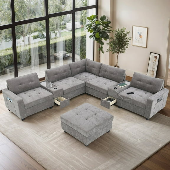 Sectional Sofa with Acrylic Table Top and Charging Station, Chenille U Shaped Couch with 2 Consoles and Movable Ottoman, Tufted Sofa Set with Storage Drawers and Pockets for Living Room, Office, Gray