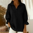 thumbnail image 2 of Moxiu Women's 3/4 Sleeve Linen Summer Tops Ruffled Puff Sleeve Lapel V Neck Collared Tunic Blouse Dressy Casual Beach Shirts Black,XL, 2 of 6