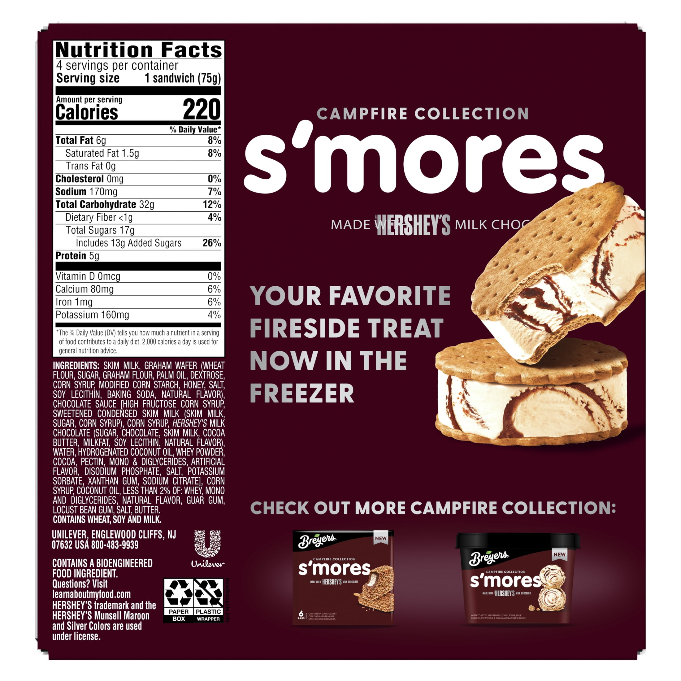 Breyers Frozen Dairy Dessert Sandwich S'mores Sandwich 16 fl oz 4 Ct