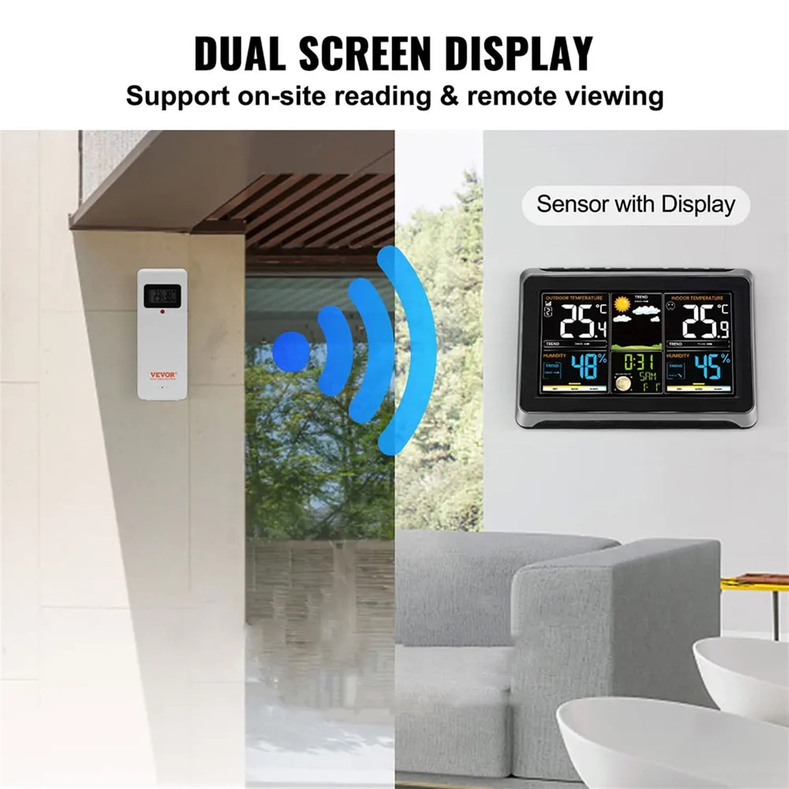 Weather Station Wireless Indoor Outdoor Thermometer, Color Display Weather With Barometer, Calendar, Adjustable Backlight ,High Precision