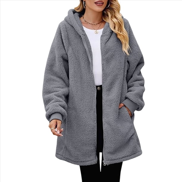 Sudadera con Capucha Larga y Holgada de Felpa con Cremallera para Mujer, Otoño e Invierno Gris Oscuro M