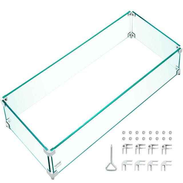 VEVOR Fire Pit Wind Guard, 29 x 13 x 6 Inch Glass Wind Guard, Rectangular Glass Shield, 0.3\" Thick Fire Table, Clear Tempered Glass Flame Guard, Steady Feet Tree Pit Guard for Propane, Gas, Outdoor