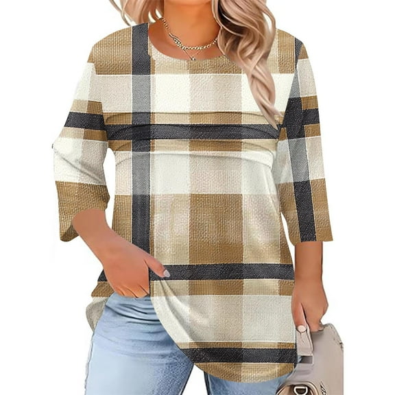 EchfiProm Womens Tshirts Plaid Brown Plus Size 3/4 Sleeve Pullover Crew Neck Loose Fit Dressy Casual Blouse