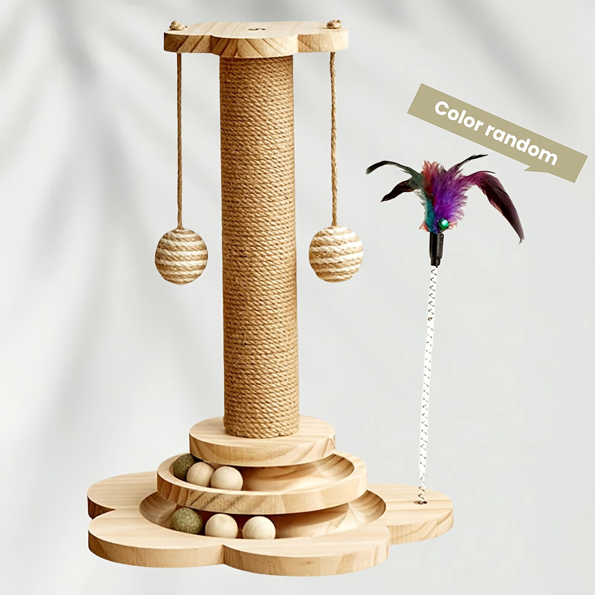 4-in-1 Indoor Cat Activity Center, Wooden Scratching Post 15.7" with Horizontal Ball Tracks, Feather Toy & Sisal Suspension Balls – Kitten & Adult Cat Toy