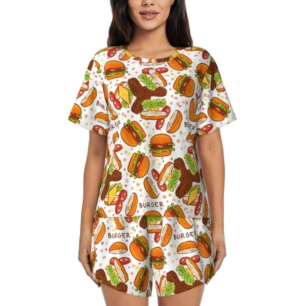 Fotbe Burger Conjunto de Pijama Estampado para Mujer, 2 Piezas, Ropa de Dormir con Camiseta de Manga Corta y Shorts Suaves-Medium