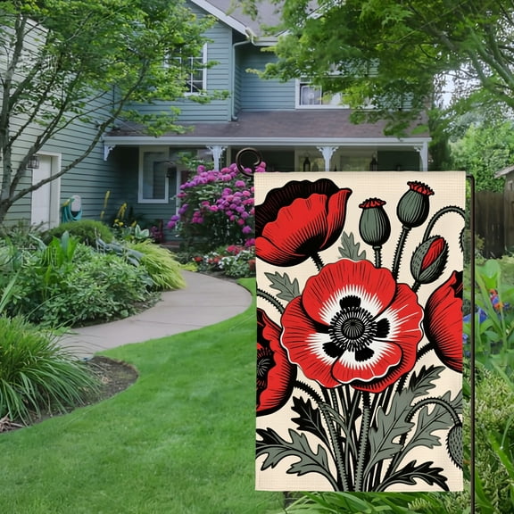Spring Summer Garden Flag Double Sided Floral Black Red Poppy Flower Welcome Yard House Outside Outdoor Decoration,12*18 inch