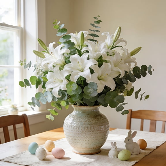15 Pcs White Artificial Flowers with Eucalyptus Stems,Silk Bouquet for Wedding,Vase Decor