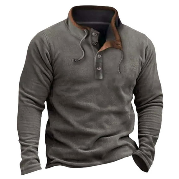 Mens Mock Neck Sweatshirt, Fashion Button Collared Long Sleeve Pullover Tops with Drawstring Loose Casual Sweatshirt for Men Winter Travel Vacation