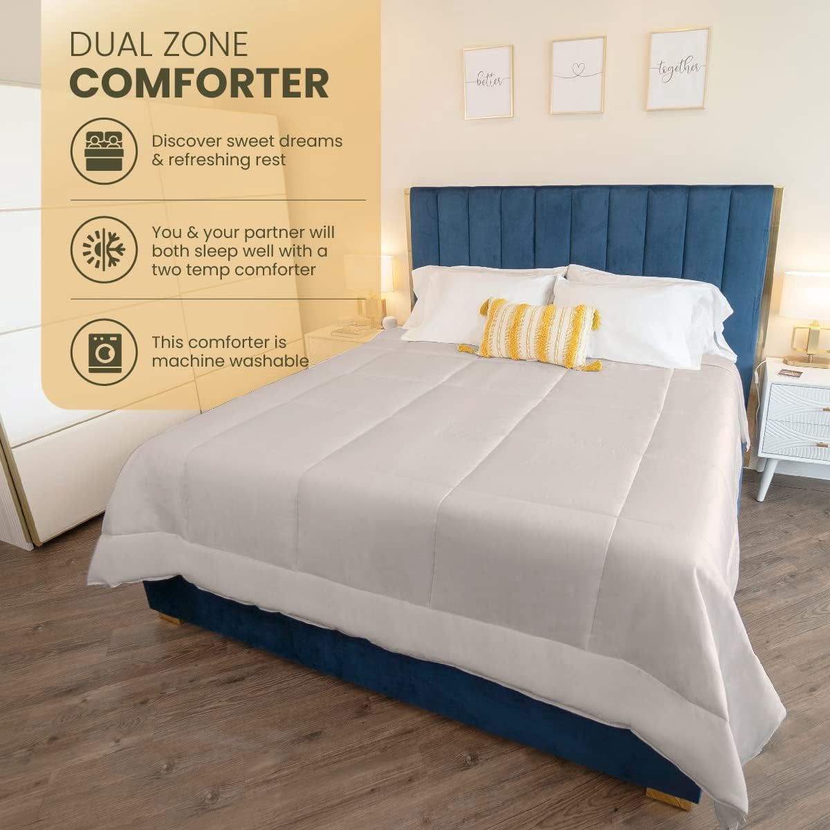 Komforte Dual Zone Couples Comforter – Hypoallergenic, Alternative Down His and Her Duvet Insert Keeps Everyone Comfortable – Machine Washable Two Temperature Comforter by SoMN (Beige, Queen)
