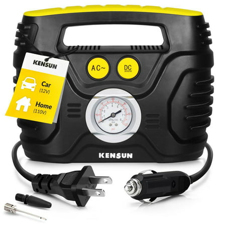 Kensun Portable Air Compressor Pump for Car 12V DC and Home 110V AC Swift Performance Tire Inflator 120 PSI for Car - Bicycle - Motorcycle - Basketball and Others with Analog Pressure Gauge