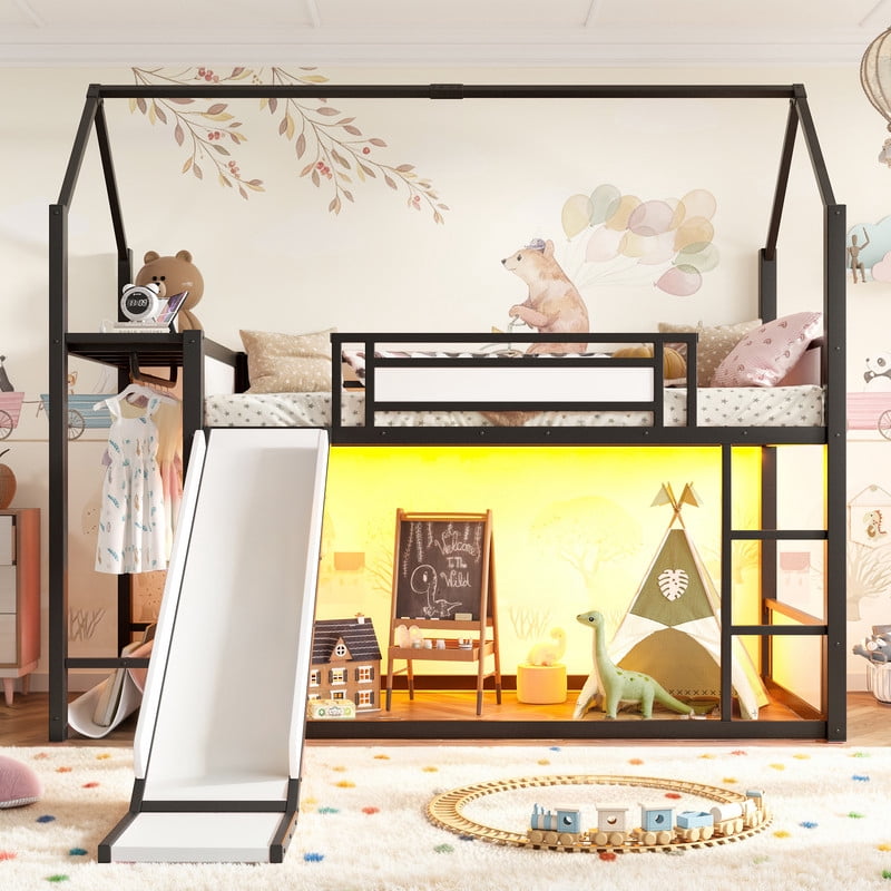 Twin Over Twin Metal Bunk Bed with Slide, LED Hanging Area, Fabric Storage Shelf, Power Outlet, House-Shaped Playhouse Frame, Safety Guardrails, Ladder, Low Profile Kids Bunk Bed