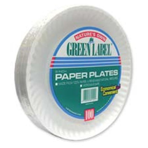 AJM Green Label Paper Plates, White, 9", 100 count