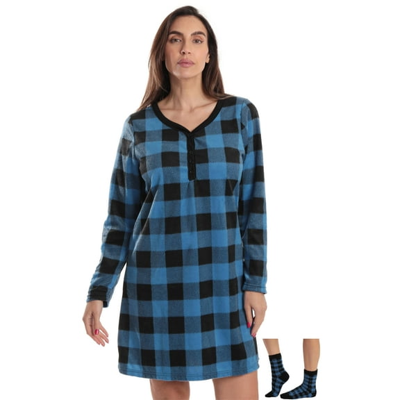 Just Love Henley Night Shirt with Socks for Women 6731-10195-PNK-XL (Buffalo Plaid - Blue Black, Small)