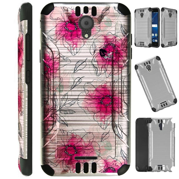 Compatible Wiko Ride (Boost) Case Brushed Metal Texture Hybrid TPU Silver Guard Phone Cover (Watercolor Pink Flower)