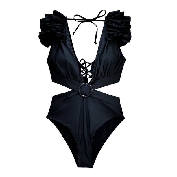 Gibobby Batas de baño mujeres spa Traje de baño de bikini de cintura alta con correa sin espalda con volantes en los hombros y cuello en V para mujer(Negro,XL)