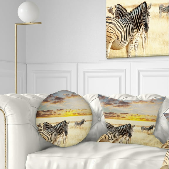 Designart Zebras Walking in Bush under Clouds - African Throw Pillow - 12x20