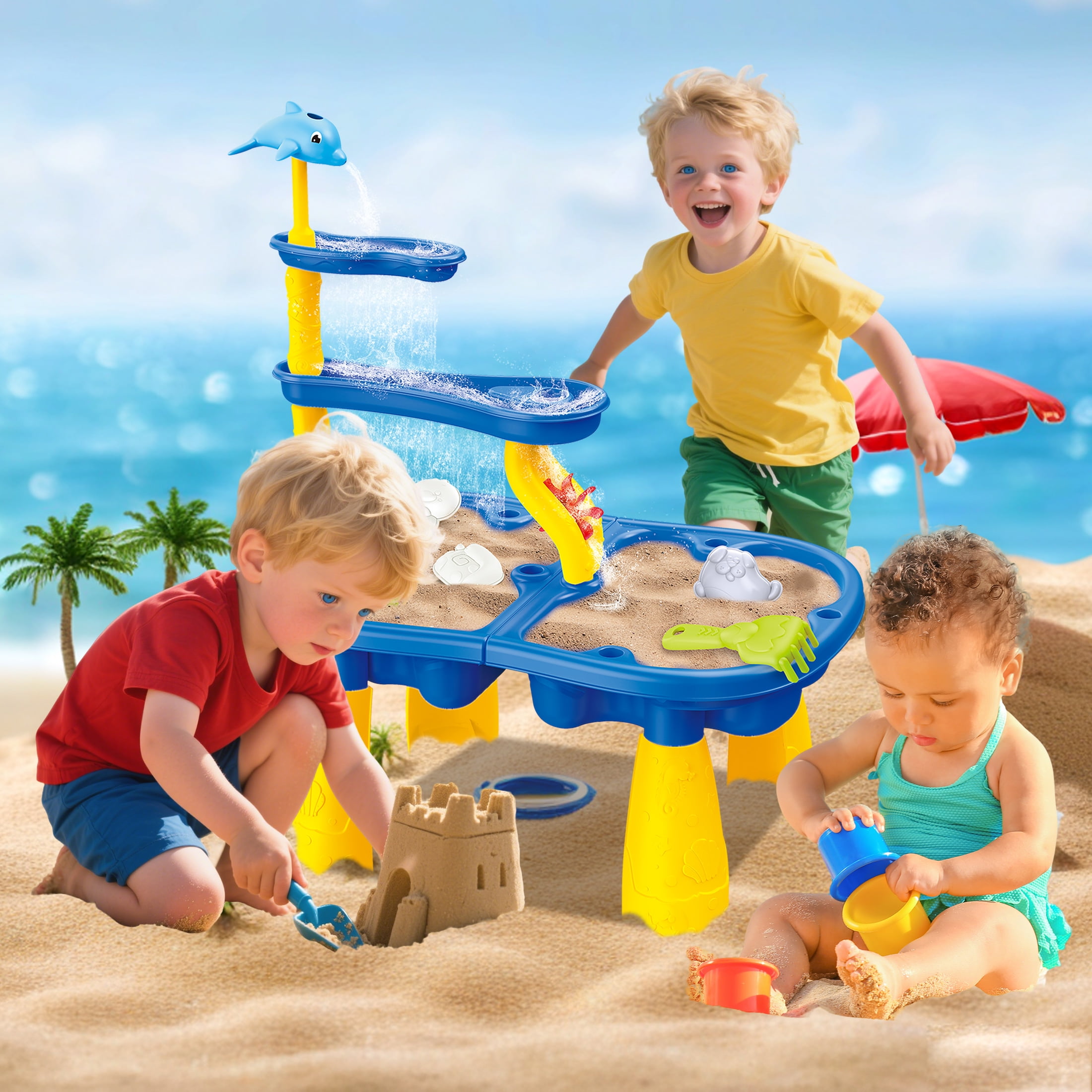 KOPPOP 2-in-1 Sand & Water Table for Kids, Outdoor Indoor Sensory Toy with Waterwheel & 8 Accessories, STEM Gift for Ages 3-5