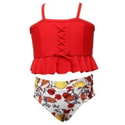 Fesfesfes Girls Summer Swimsuits Casual Cute Floral Print Double Ruffle Sling Swimwear Beach Swimsuits Split Two-Piece Bikini Sets