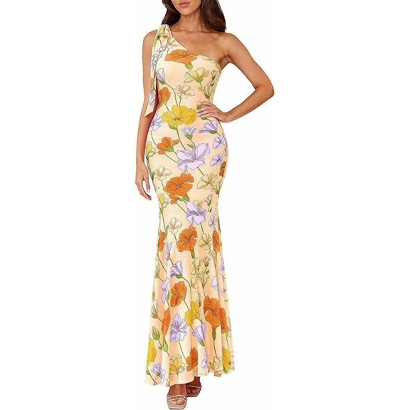 PRETTYGARDEN Womens Summer One Shoulder Maxi Dress Floral Sleeveless Bodycon Mesh Long Formal Wedding Guest Dresses
