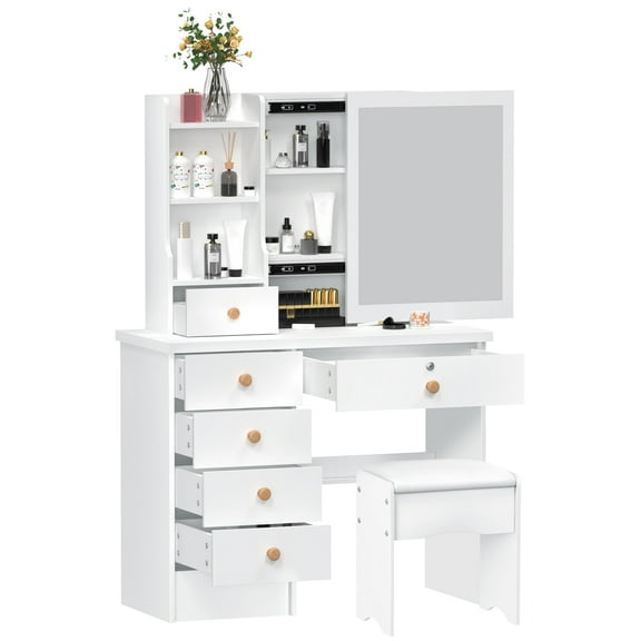 SUSUchens Vanity Desk Bedroom Dressing Table Makeup Desk Makeup Table with Sliding Mirror,Storage Cabinet with 6 Drawers, Open Shelves, Hidden Storage Space,White