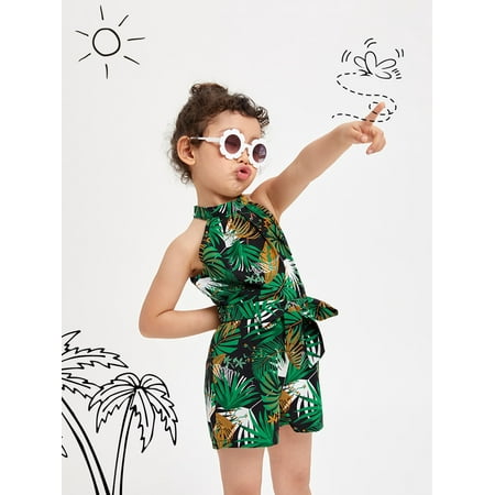 

Sleeveless Toddler Girls Tropical Print Belted Halter Romper Short Jumsuit Short Jumsuit S221905X Multicolor 110(4-5Y)