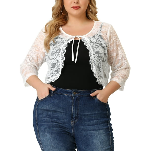 Cárdigan de encogimiento de hombros de talgrande pamujer, mangas 3/4, chaquetas de bolero de corte frontal con lazo de encaje floral blanco 3X