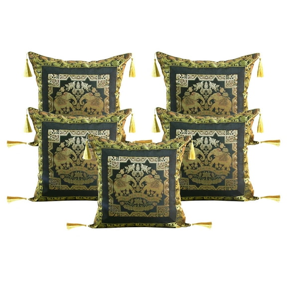Stylo Culture Ethnic Brocade Home Decor Throw Pillow Covers Black Gold 18 x 18 Jacquard Tassels Couch Cushion Covers 45x45 cm Polydupion Silk Zippered Elephant Square Pillowcases | Set Of 5