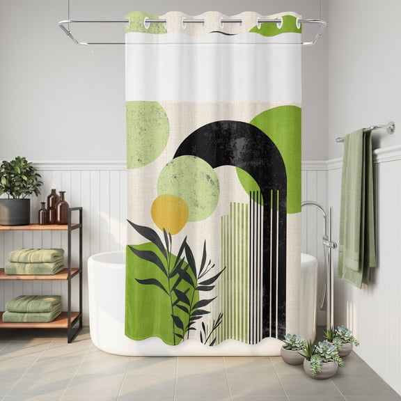 No Hook Shower Curtain Green Bohemian Waterproof Fabric Shower Curtain Geometric Line Leaves Hotel Style Bathroom Curtain with See Through Top Window Machine Washable 36x72in