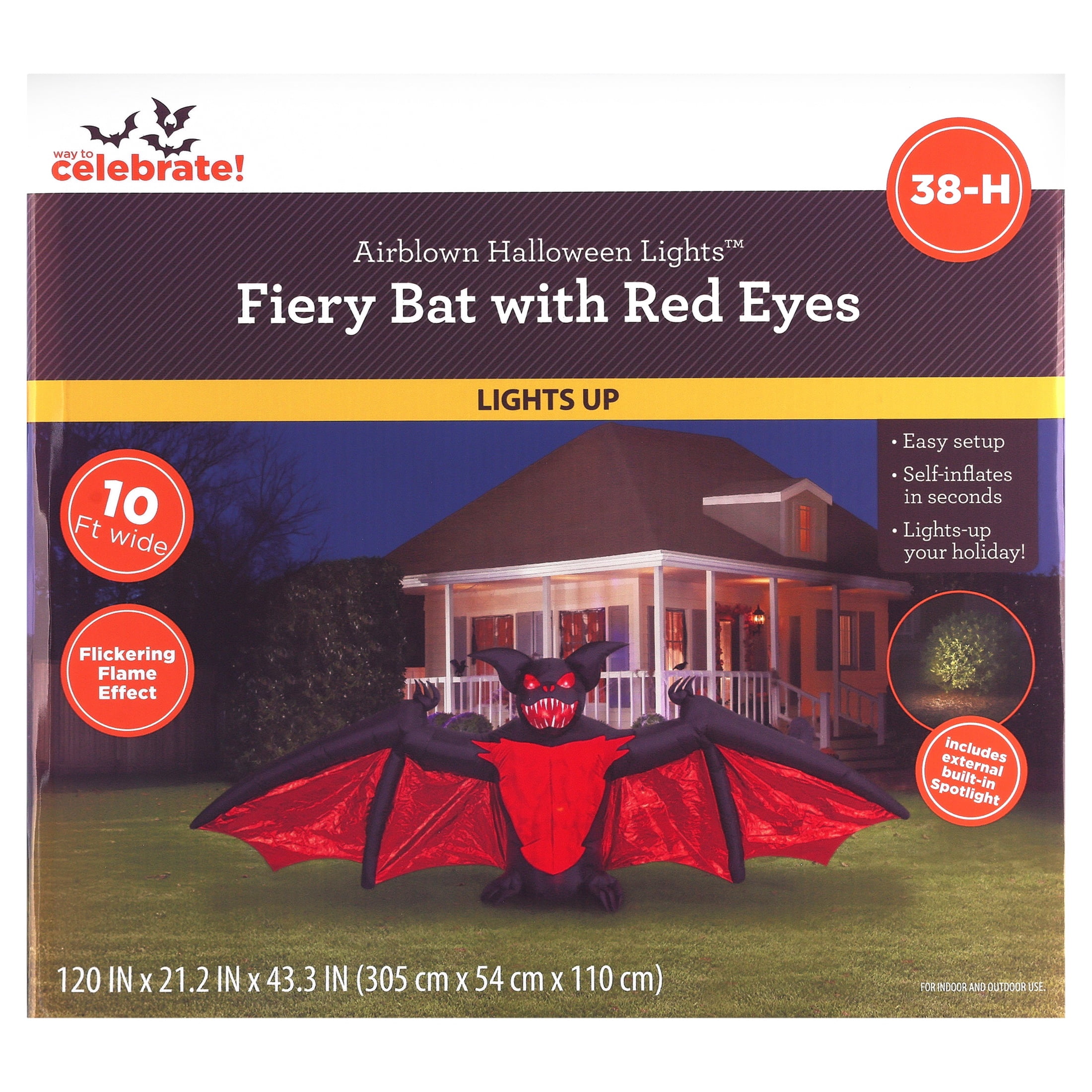 Fiery Bat with Red Eyes Airblown Yard Inflatable, Multicolor, 10', Halloween by Way To Celebrate