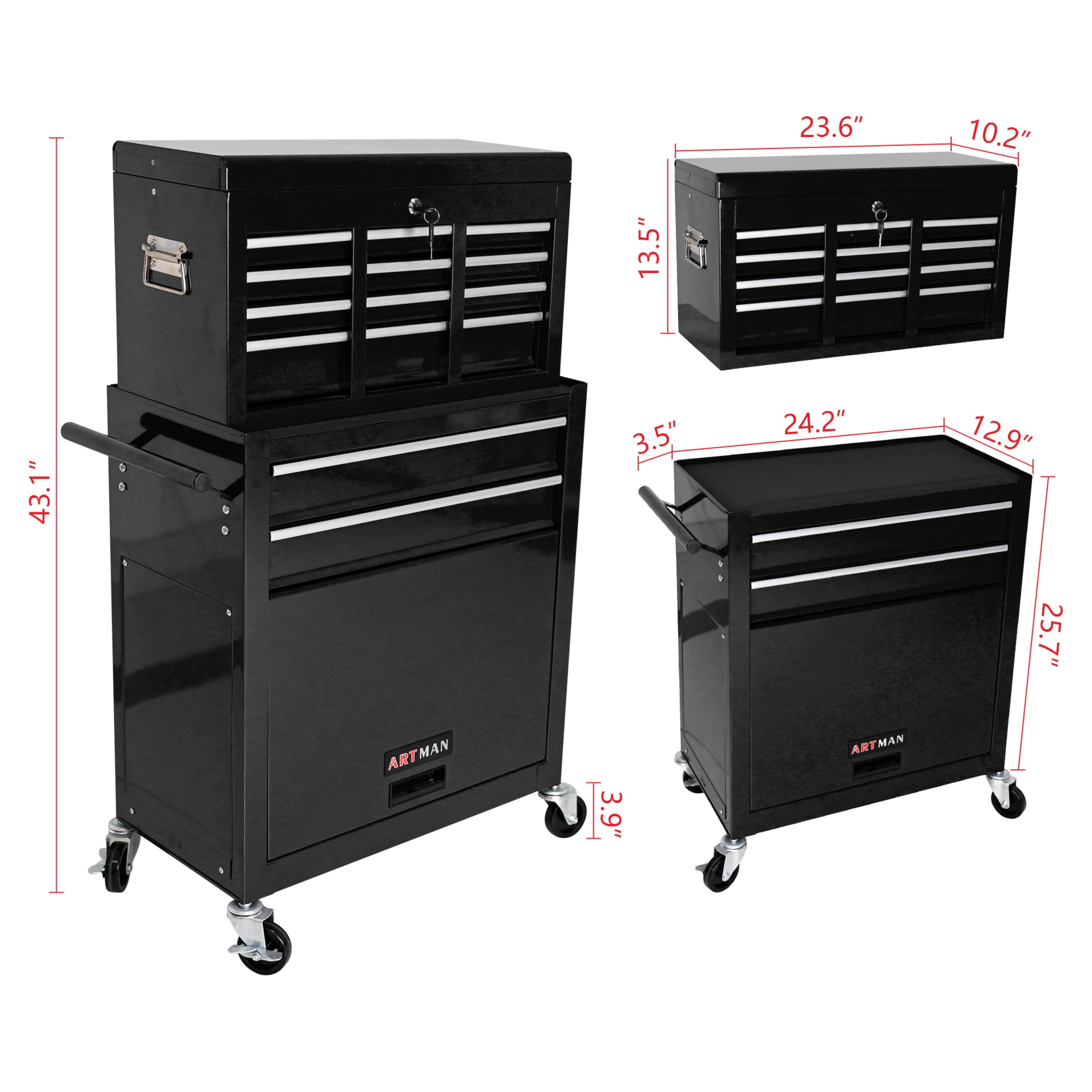 Noble House Heavy-Duty Rolling Tool Chest, 8-Drawer Steel Storage Box Organizer with Detachable Box, Black