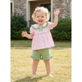 thumbnail image 4 of BemeyourBBs Toddler Baby Baby Girl Summer Clothes Infant Baby Girl 2 Pieces Outfit Bow Embroidered Striped Ruffled Trim Doll Collar Short Sleeve Shirt Tops and Shorts Set, 4 of 9