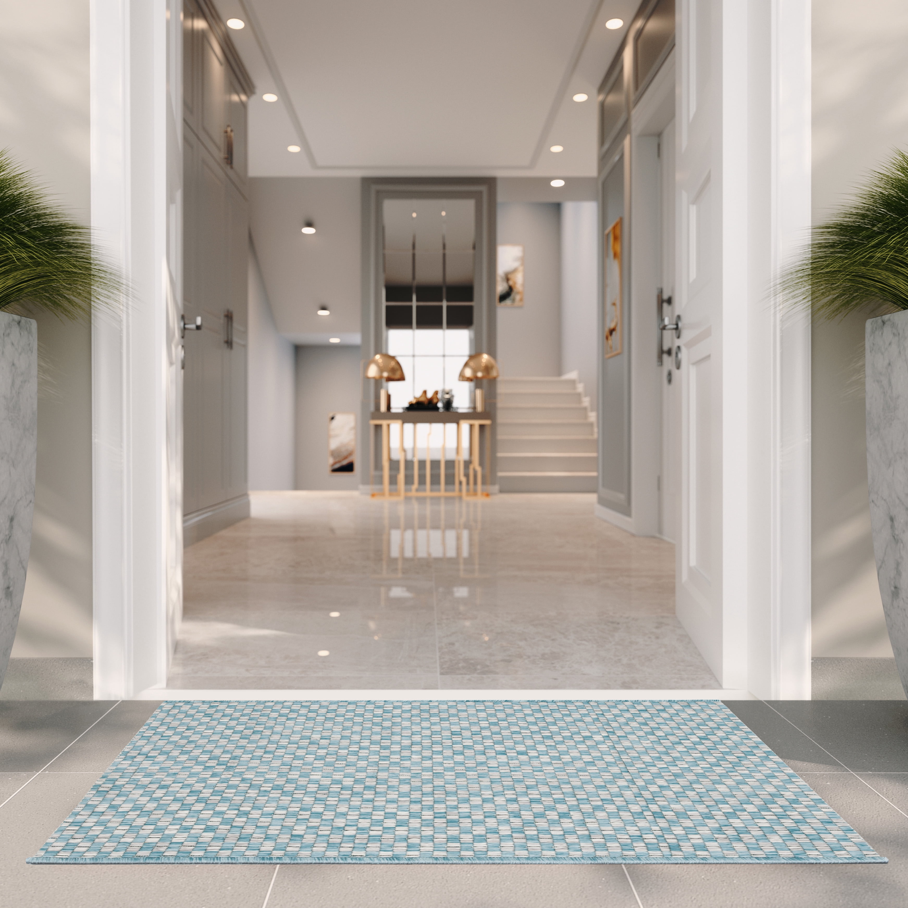 SAFAVIEH Courtyard Blair Geometric Indoor/Outdoor Area Rug, 4' x 5'7", Light Blue/Light Grey