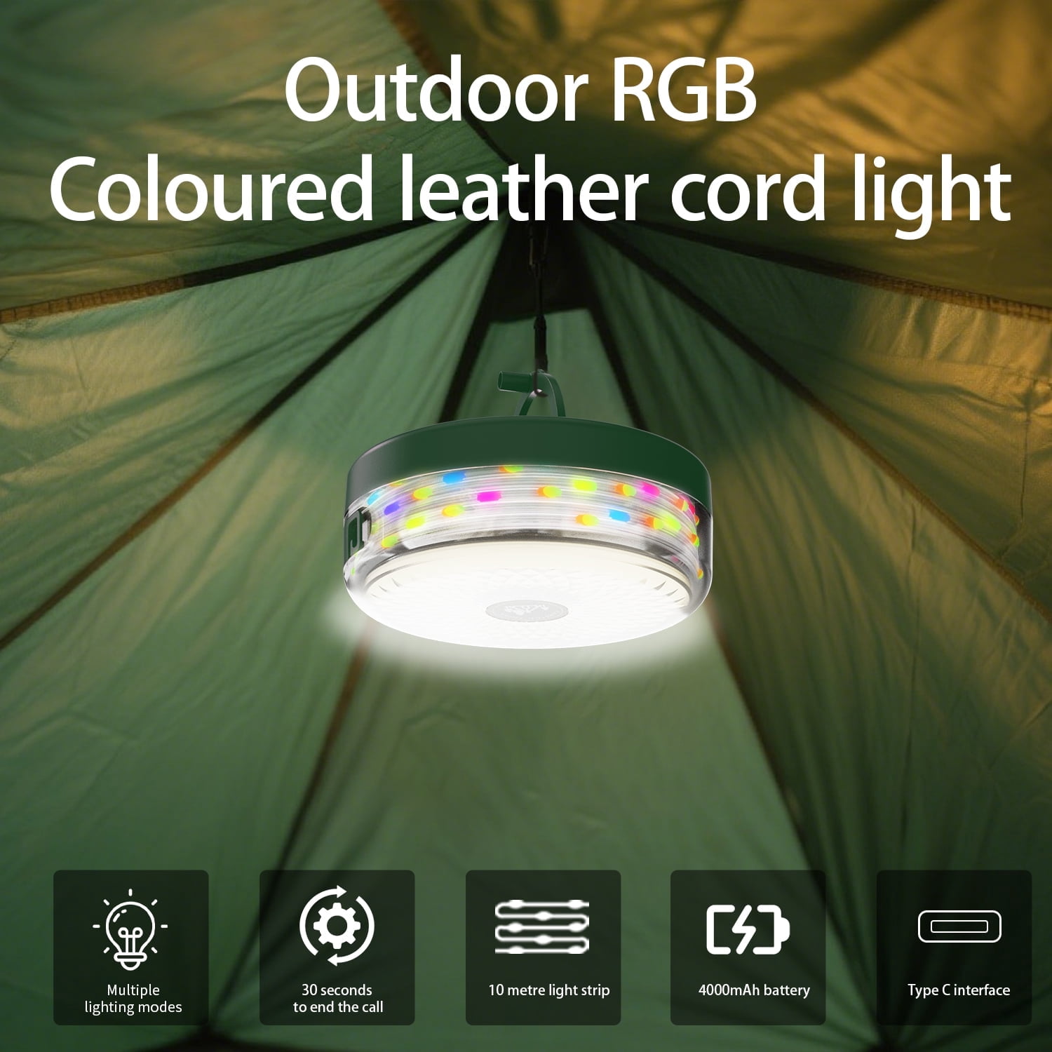 TOHETO 4-in-1 Camping String Light, 32.8FT IP44 Waterproof Camping Lights with 13 Lighting Modes, 4000mAH Rechargeable Outdoor String Lights for Camping Essentials Camping Gear, Black