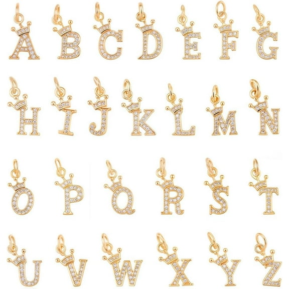 Gold 1 Box 26Pcs Rhinestone Letter Charms Gold Alphabet Charms Bulk Zirconia Capital A to Z Brass Alloy Dangle Pendants for Jewelry Making Supplies DIY Necklaces Earrings Crafts