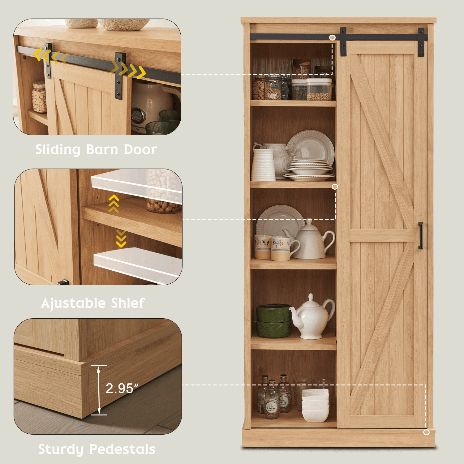wow97e 5-Shelf Bookcase with Adjustable Shelves and Sliding Barn Door, 72" Tall Farmhouse Bookshelf for Living Room, Office