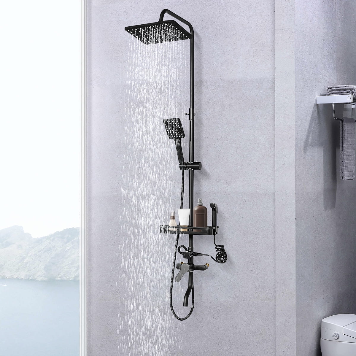 BVSOIVIA 3 IN 1 Bathroom Shower Faucet Rainfall Shower Set Matte Black Wall  Mount Bathtub Shower Mixer Tap Shower System with Shelf