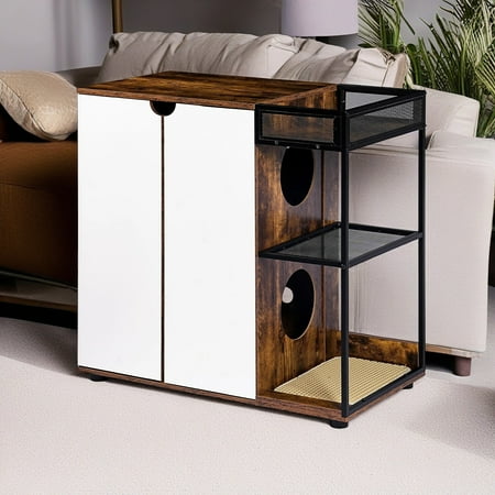 Pefilos 34 Hidden Cat Litter Box Enclosure Furniture for 2 Cats Wooden Cat Washroom Indoor Fit Most of Litter Box Brown