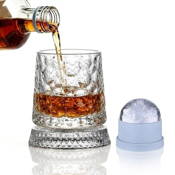 2027 New Rotating Whiskey Glass with Large Ice Ball Mold, Single Spinning Crystal Bourbon & Old Fashioned Tumbler, 360° Kinetic Glassware for Home Bar, Unique Gifts for Men, Dad