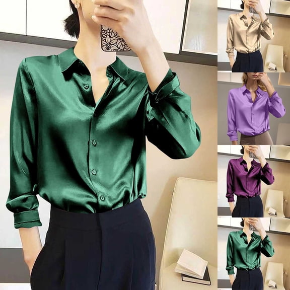 Ounisa Womens Soft Satin Silk Tops Button Down Shirts for Women Silky Long Sleeve Collared Work Shirt Dress Blouses