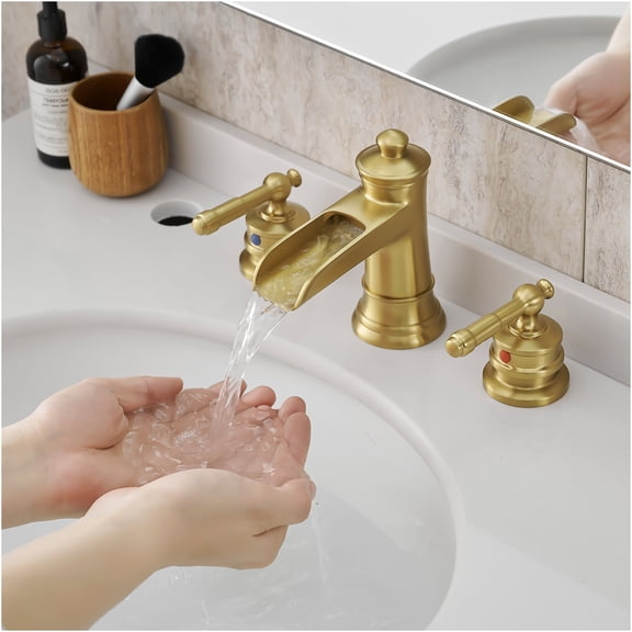 JERFIT 8-inch Widespread Bathroom Faucet with Pop-Up Drain, Brushed Gold 3-Hole Vanity Sink Faucet, Solid Brass Double Handle Mixer Tap