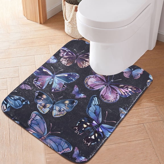 Toilet Rug U-Shaped Bathroom Rugs Non-Slip Soft Plush Machine Washable Contour Bath Mat Beautiful Watercolor Butterflies 24x20
