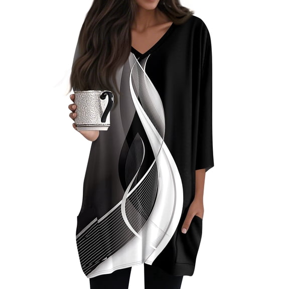 WTOBBY Women's Fashion Casual Retro Geometric Print V-Neck Mid-Length Tunic Tops with Pockets, 3/4 Sleeve Blouses, Daily Use Comfort Shirt,Black L