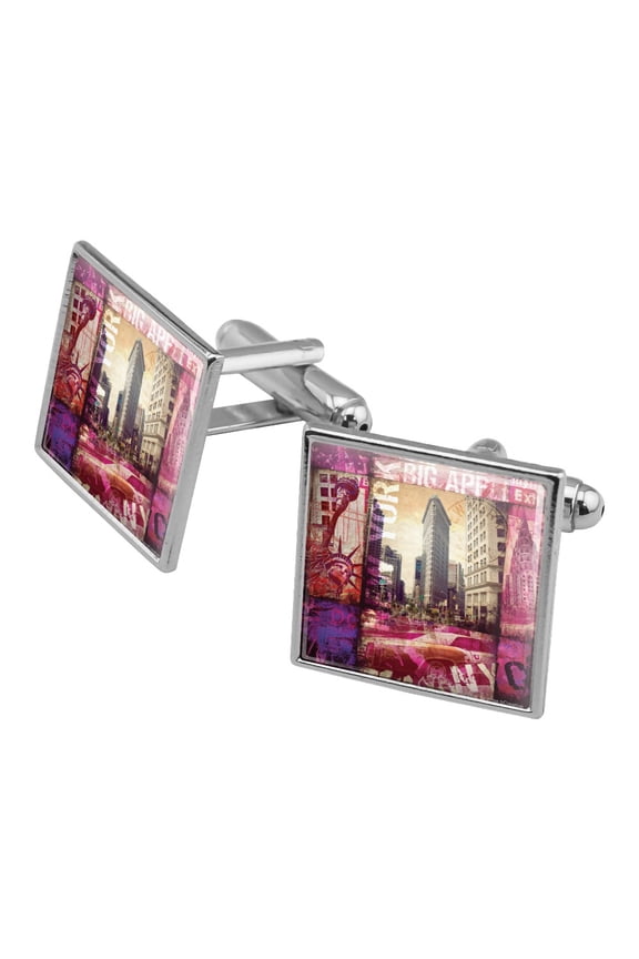 New York City Big Apple Art Collage Square Cufflink Set - Silver or Gold