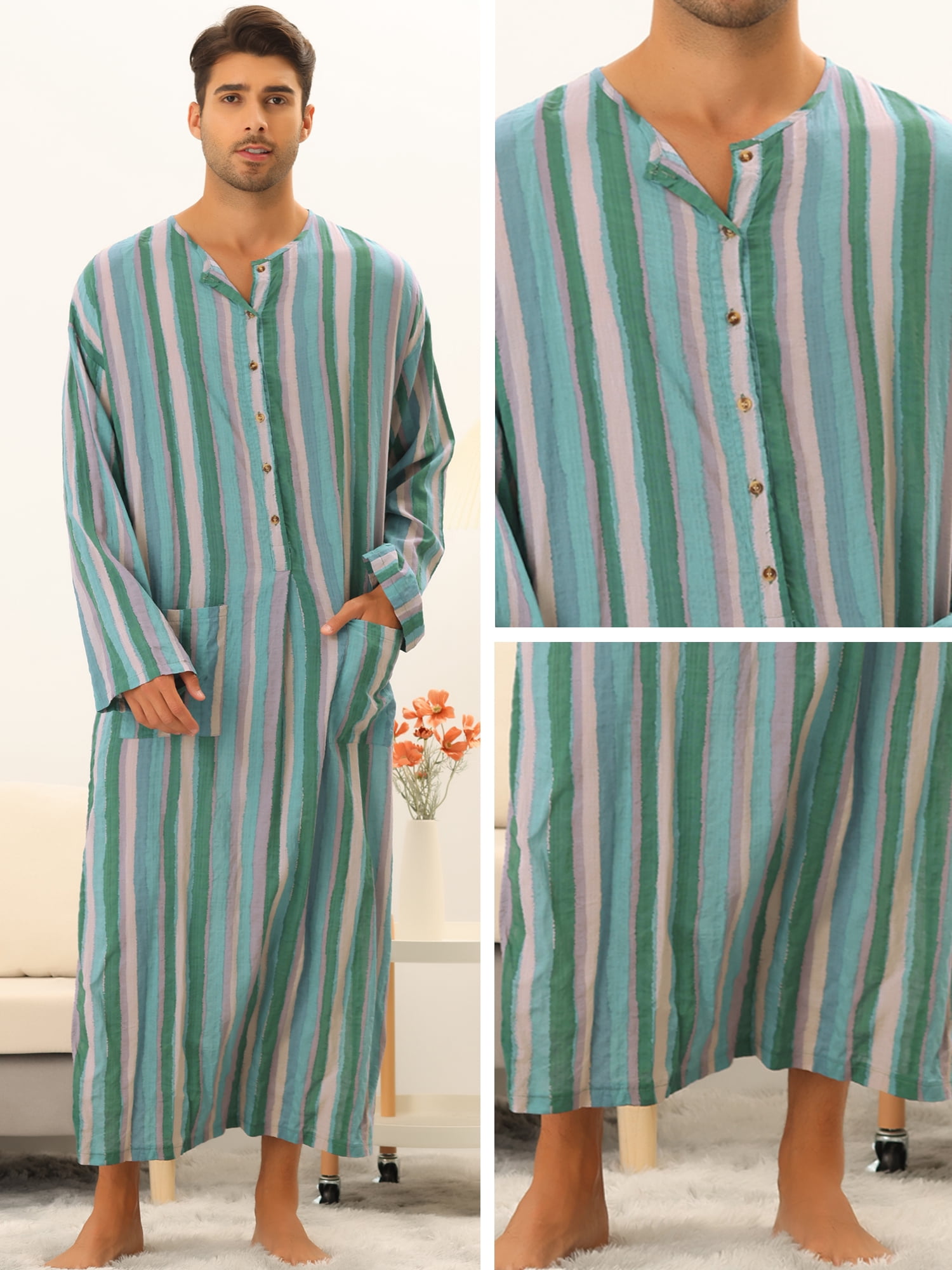Unique Bargains Men's Striped Nightshirt Long Sleeves Button Nightgown Henley Shirts XL Green
