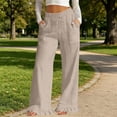 thumbnail image 2 of Women's Cotton Linen Loose Straight Elastic Waist Pants with Pockets, Mid Waisted Ruffle Hem Casual Long Trousers, Lounge Business Casual Outdoor Wear | VerBelle,Khaki M, 2 of 9